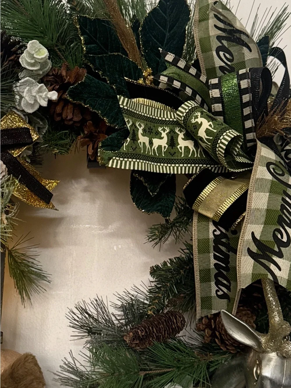 Old World Pine Wreath with Lighted Lantern, Deer Accent & Ribbon